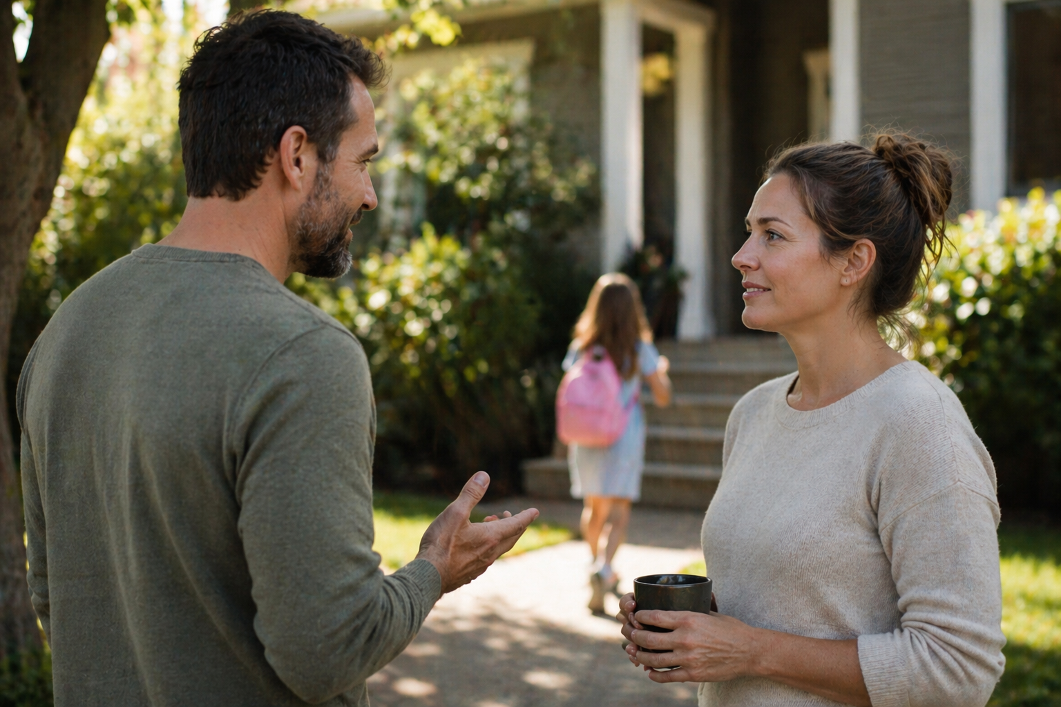 Two co-parents talking calmly during a child handoff