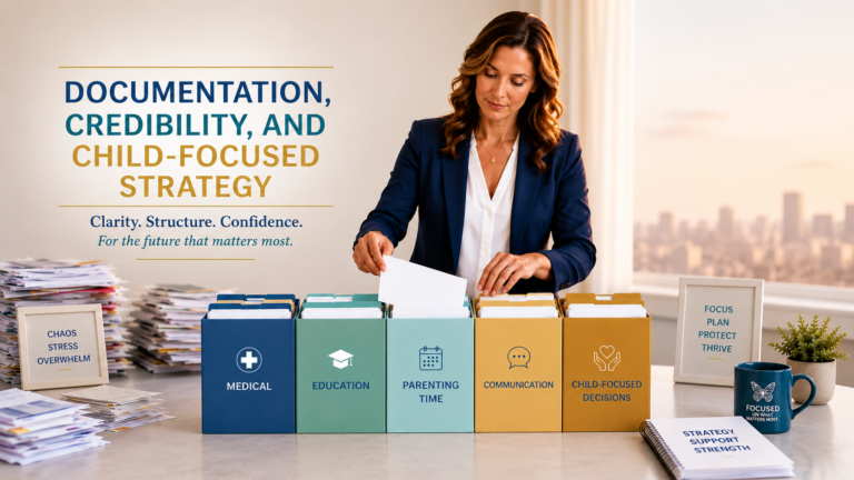 Professional woman organizing five colored file boxes labeled Medical, Education, Parenting Time, Communication, and Child-Focused Decisions. Graceful Relationships branding. Represents high-conflict divorce documentation strategy.