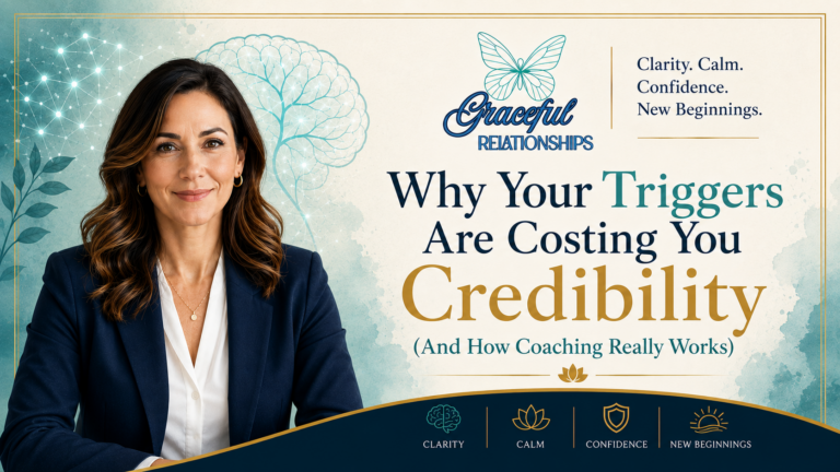 Calm professional woman with teal neural-pathway imagery, illustrating how coaching helps with unmanaged triggers in divorce. Graceful Relationships branding.