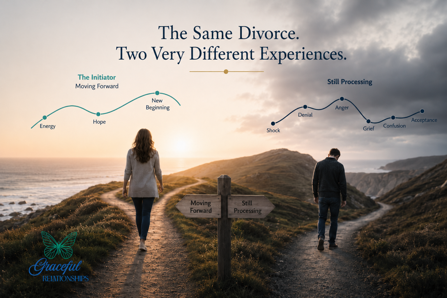 The same divorce, two very different experiences, grief cycle for the initiator versus the one still processing