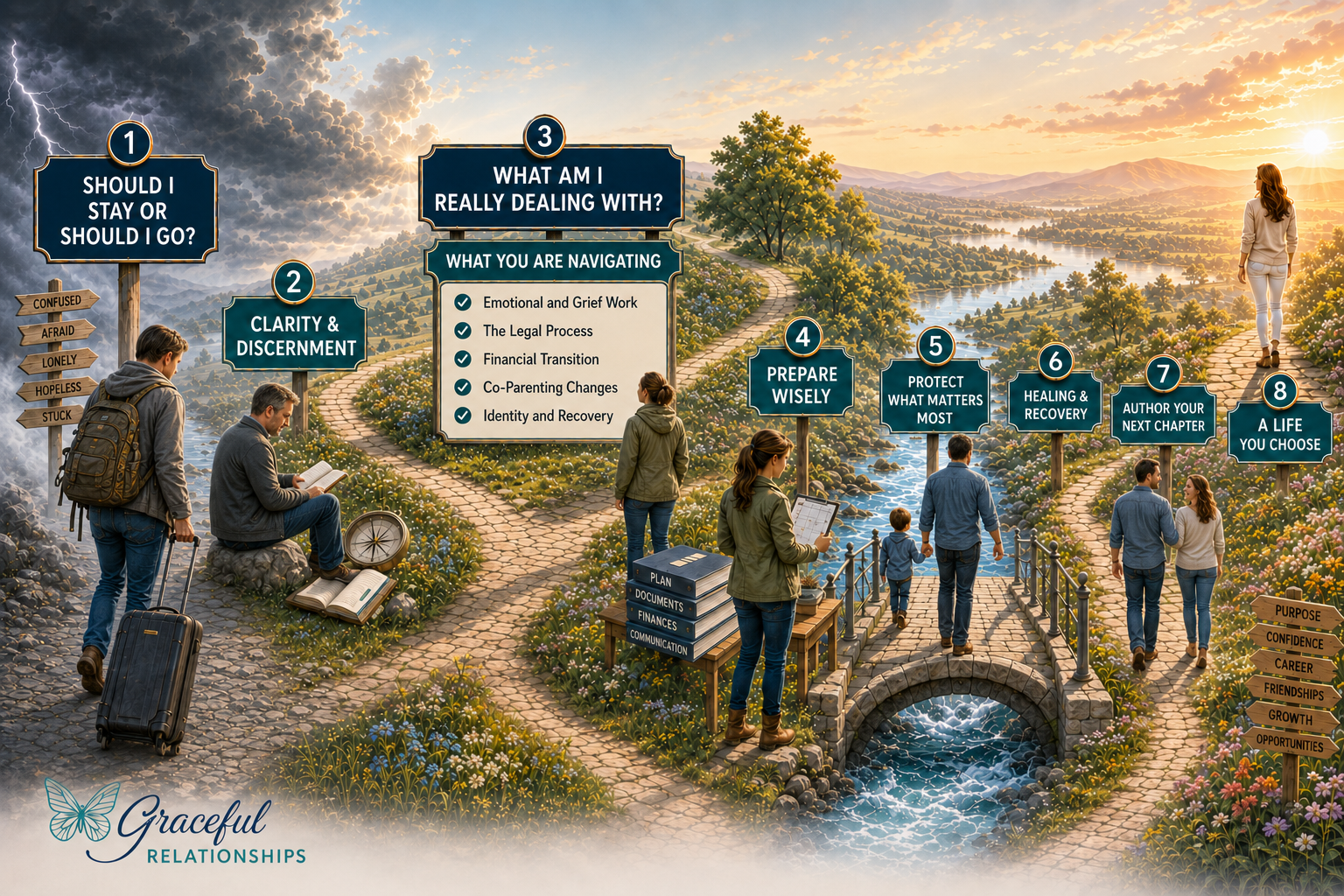 Your divorce journey map, eight stages from should I stay or go, through clarity and preparation, to a life you choose