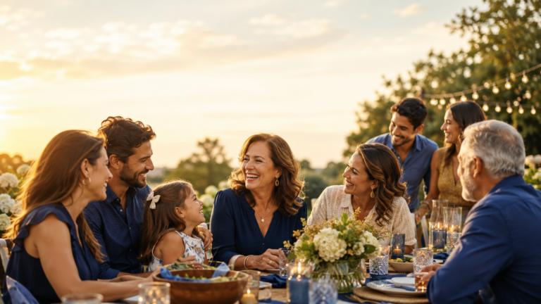 A multigenerational family enjoys a relaxed backyard cookout at golden hour, gathered around an outdoor table with a woman in her fifties at the center, sharing conversation and laughter in a warm, connected setting after a gray divorce that protected the social architecture.