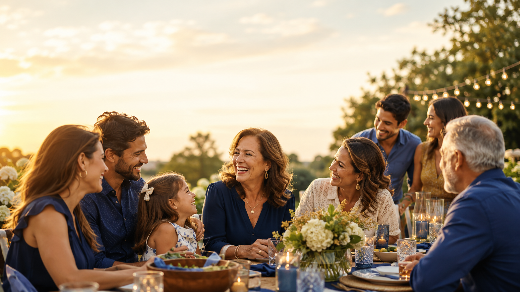 A multigenerational family enjoys a relaxed backyard cookout at golden hour, gathered around an outdoor table with a woman in her fifties at the center, sharing conversation and laughter in a warm, connected setting after a gray divorce that protected the social architecture.