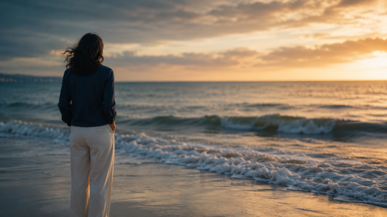 Person standing at the shoreline at golden hour, reflecting after divorce